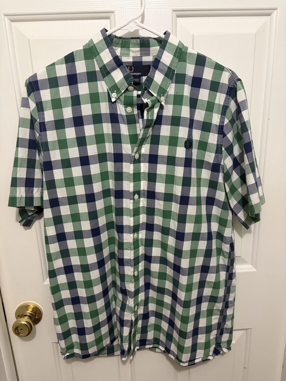 Fred Perry Green Navy White Check Short Sleeve Button-Down Shirt